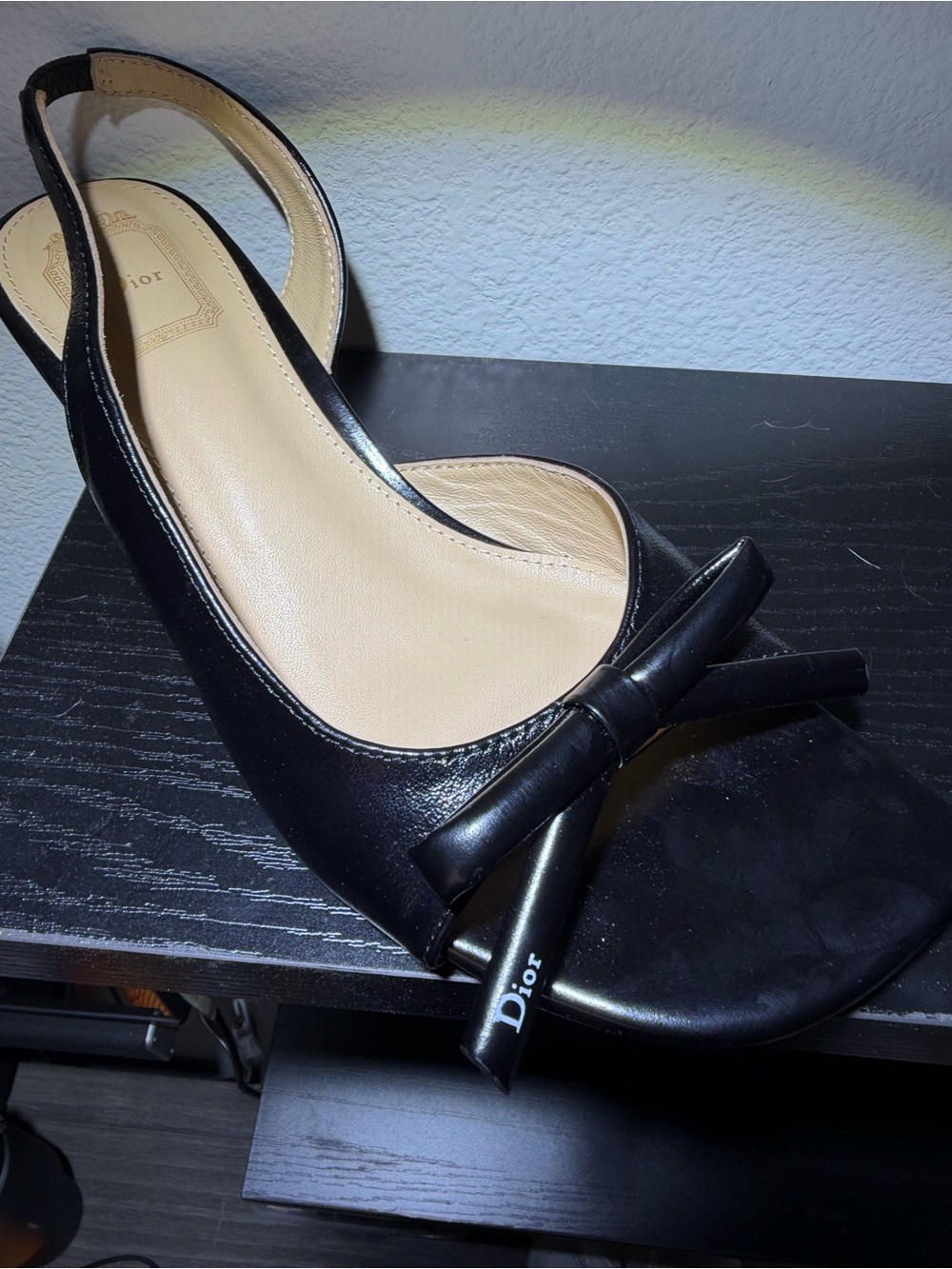 Dior Black Leather Slingback Bow Mules